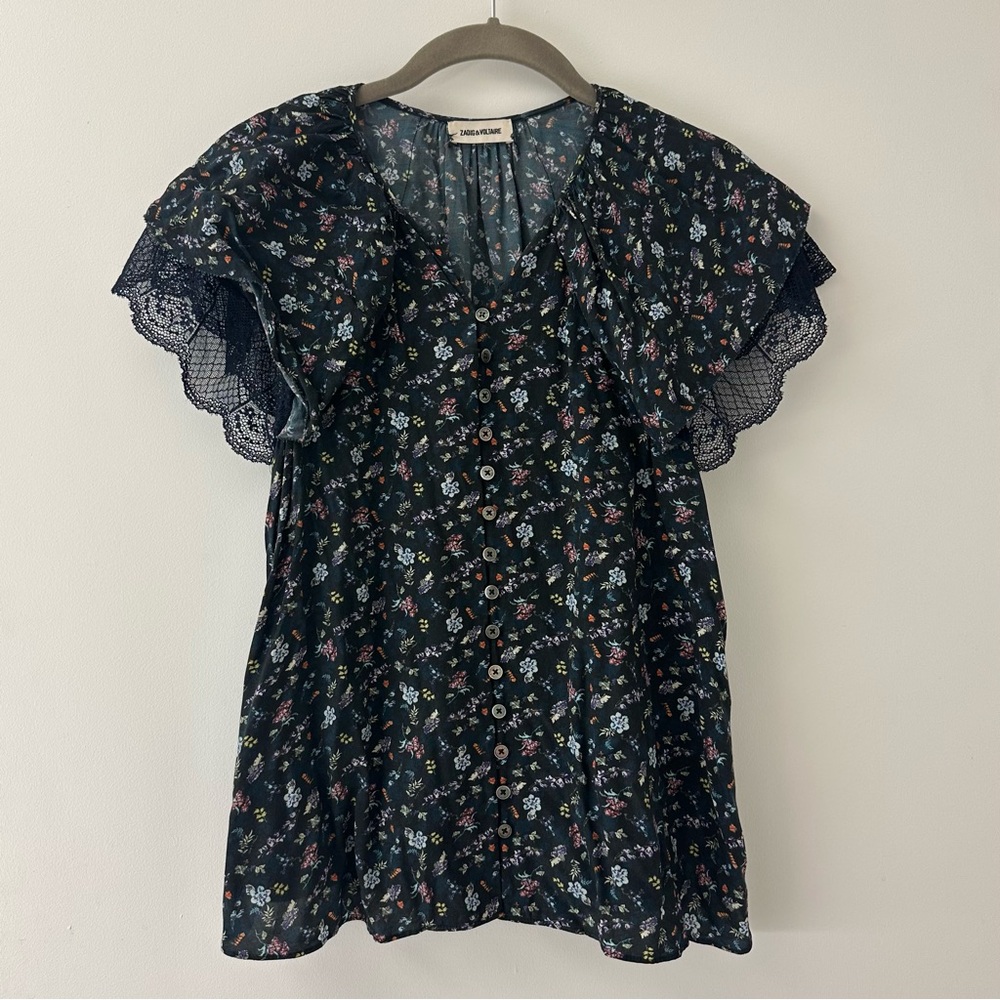 Zadig & Voltaire Tinker Mini Print Cap Sleeved Lace Black Floral Blouse